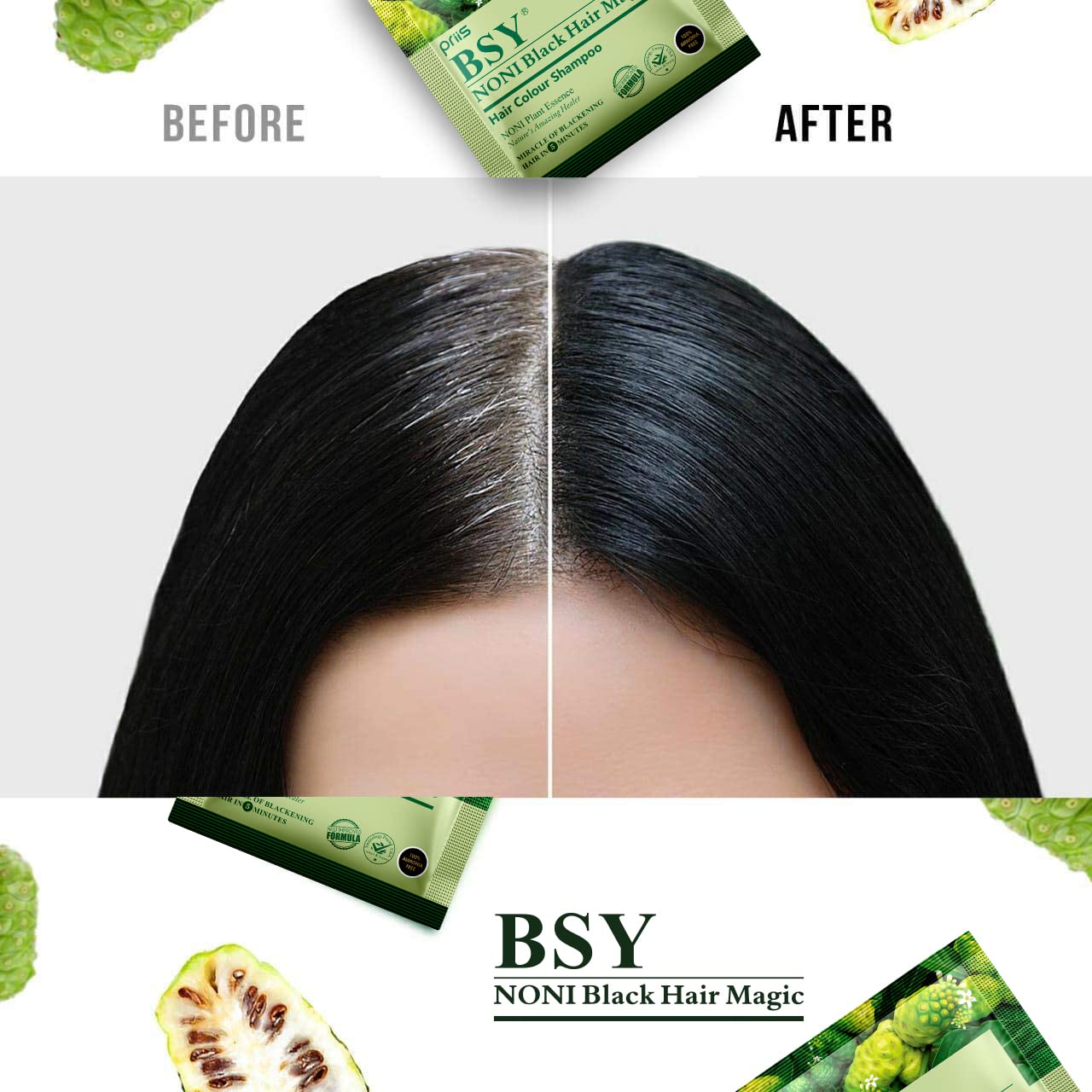 BSY Noni Black Hair Magic Hair Dye Shampoo, 12 ml - Pack of 24 Sachets