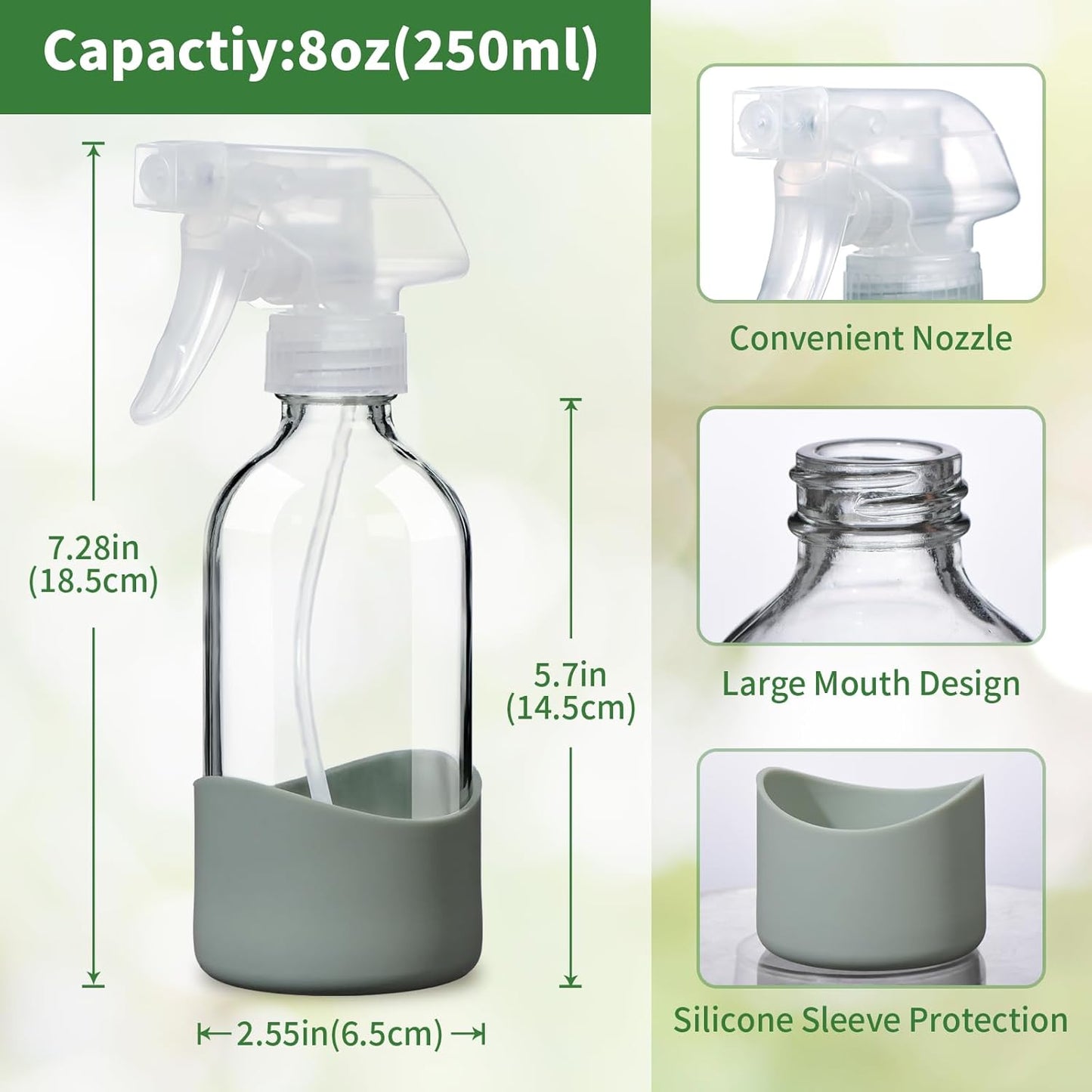 Skiennix 8oz Clear Glass Spray Bottles - Refillable, Leakproof Design for Cleaning, Hair, Plants & Essential Oils | Eco-Friendly, Adjustable Nozzle