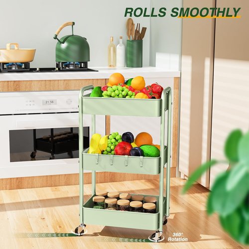 LEHOM 3-Tier Rolling Storage Cart - Metal Utility Trolley with Wheels & Hooks for Easy Organization | Ideal for Bathroom, Kitchen, Office, Bedroom