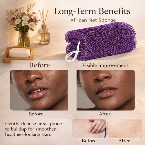 African Net Sponge | Authentic Exfoliating Body Back Scrubber - 3-Piece Set in Purple, Pink & Olive Green