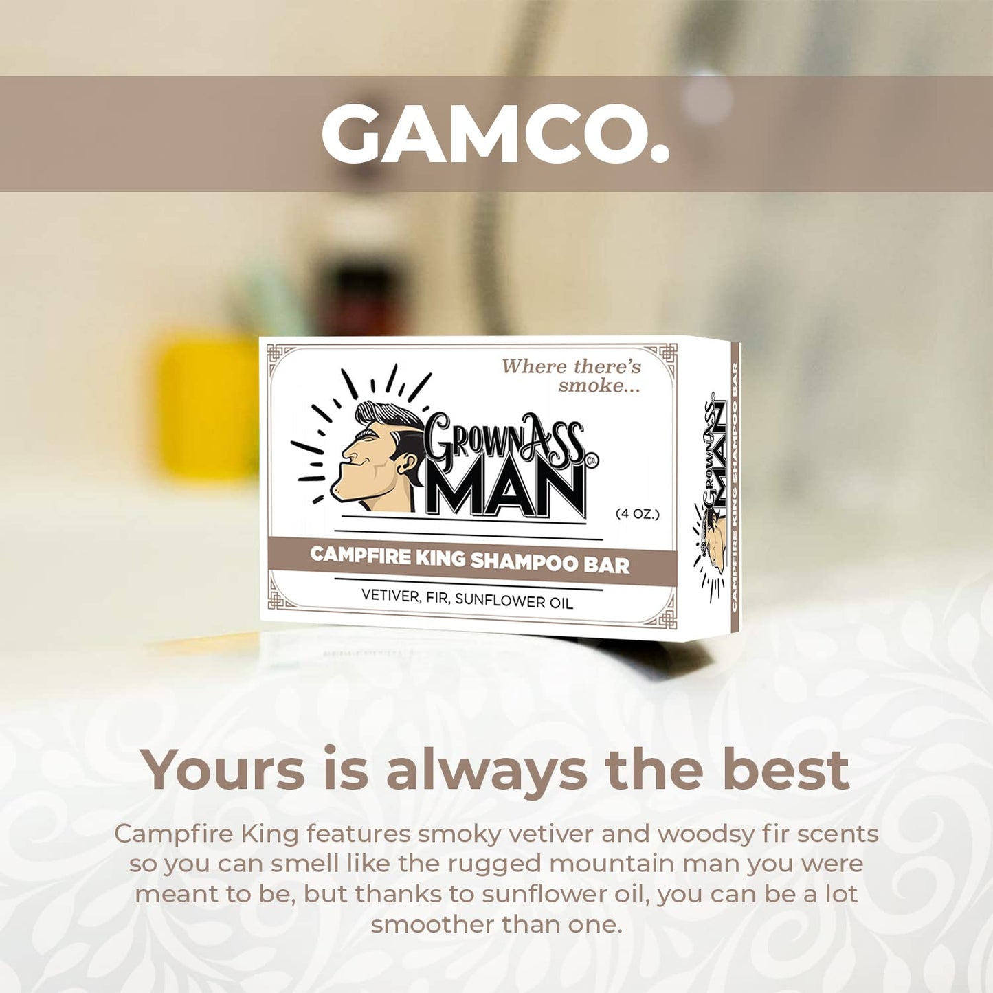 Grown Ass Man Co. Solid Shampoo Bar - Rich Lather 3-in-1 Hair, Beard & Body Wash | Eco-Friendly 4oz Campfire King