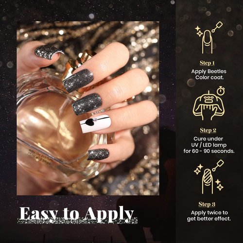 Beetles Black Gel Nail Polish, 1Pcs 15ML Glitter Gel Nail Polish Black Sparkle Reflective Shimmer Color Soak Off UV Lamp Disco Nail Art Manicure Salon DIY at Home Gifts for Her