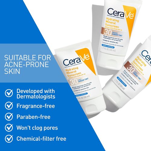 CeraVe Hydrating Mineral Sunscreen SPF 30 - Tinted Zinc Oxide Formula for a Healthy Glow | 1.7 Fl Oz