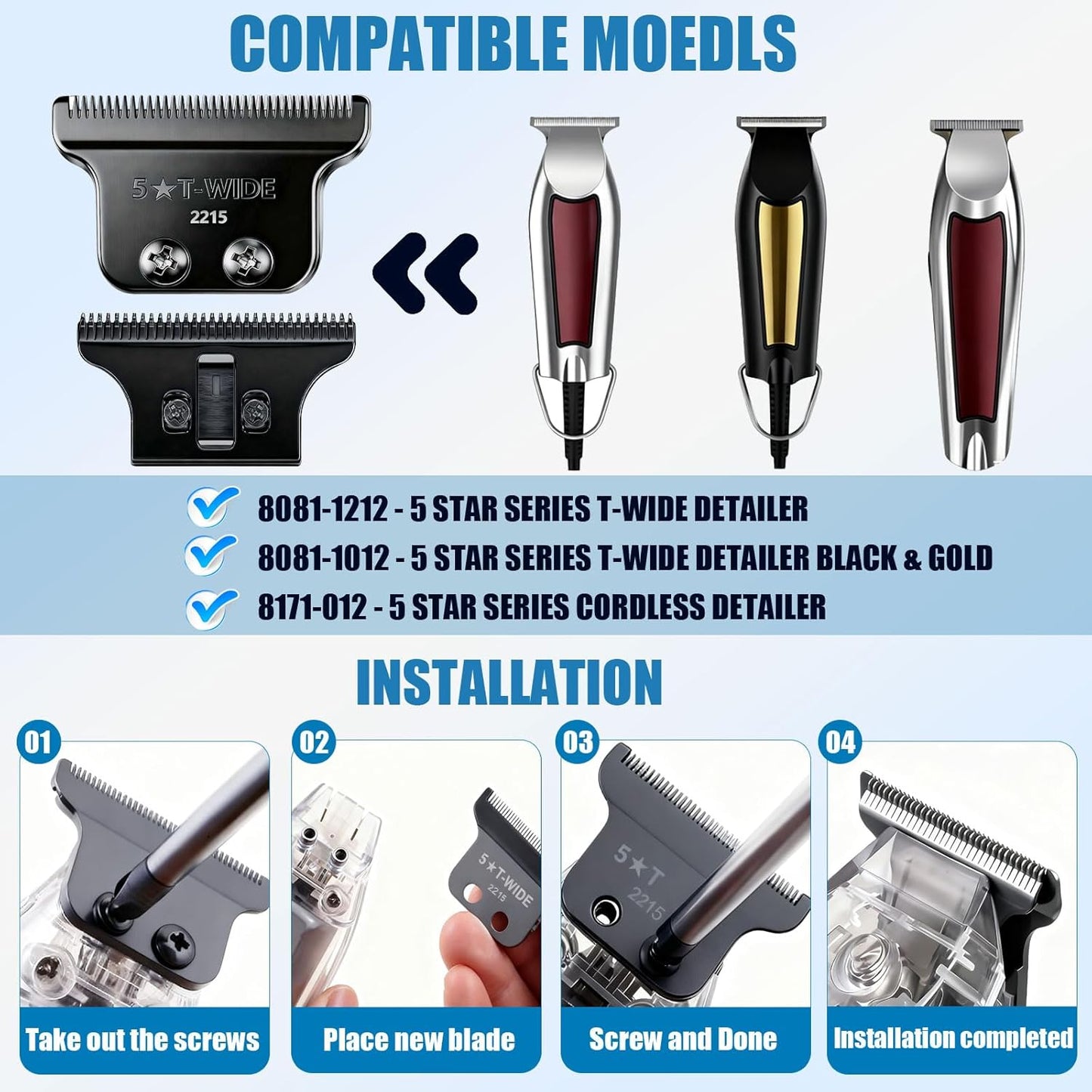 Wahl 2215 Adjustable Zero-Gap T Blade Replacement - Compatible with 5 Star Detailer Li Trimmer (Black)