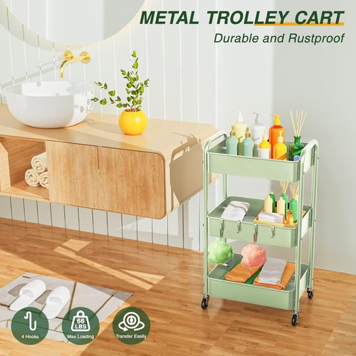 LEHOM 3-Tier Rolling Storage Cart - Metal Utility Trolley with Wheels & Hooks for Easy Organization | Ideal for Bathroom, Kitchen, Office, Bedroom