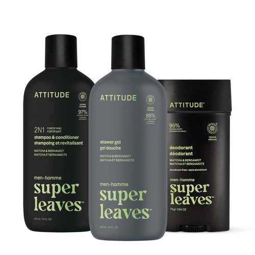 ATTITUDE Body Care Bundle for Men - Natural Shampoo, Conditioner, Shower Gel & Deodorant | EWG Verified, Matcha & Bergamot Scent