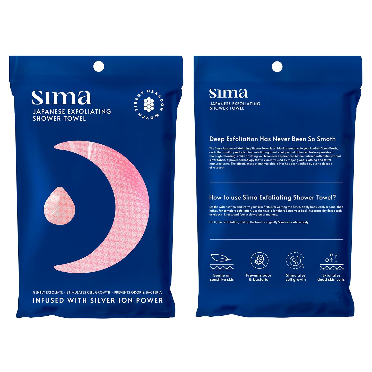 Sima Brand Exfoliating Washcloth Face & Body Scrub Towel - Japanese Exfoliating Towel with Hexagon Fibers, Body Scrubber with 2 Sides for Scrubbing & Washing Extra Long (Pink)