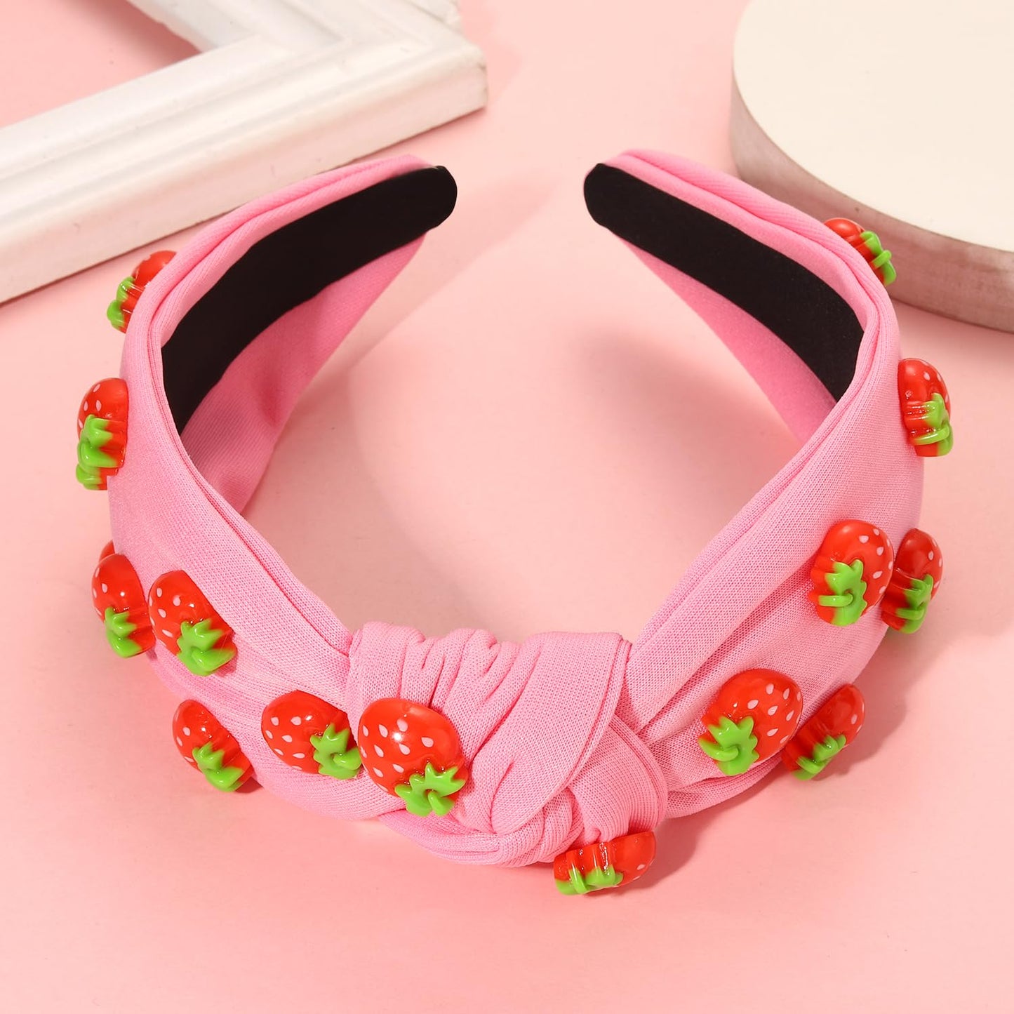 VOGUEKNOCK Strawberry Headband Fruit Headbands for Women Girls Tropical Strawberry Knotted Headband Summer Beach Headwear Hair Accessories Strawberry Pink