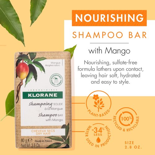 Klorane Nourishing Shampoo Bar - Mango Scent for Hydration | 2.8 Oz (Single Bar)