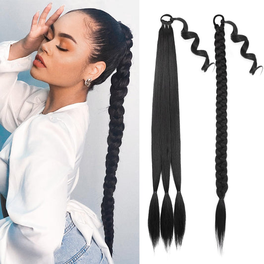 HANNE 34 Inch Long Braided Ponytail Extensions with Hair Tie Natural Black Ponytail Hair Wrap Around Synthetic Hair Extensions for Black Women Hairpieces for Mother's Day (1B)