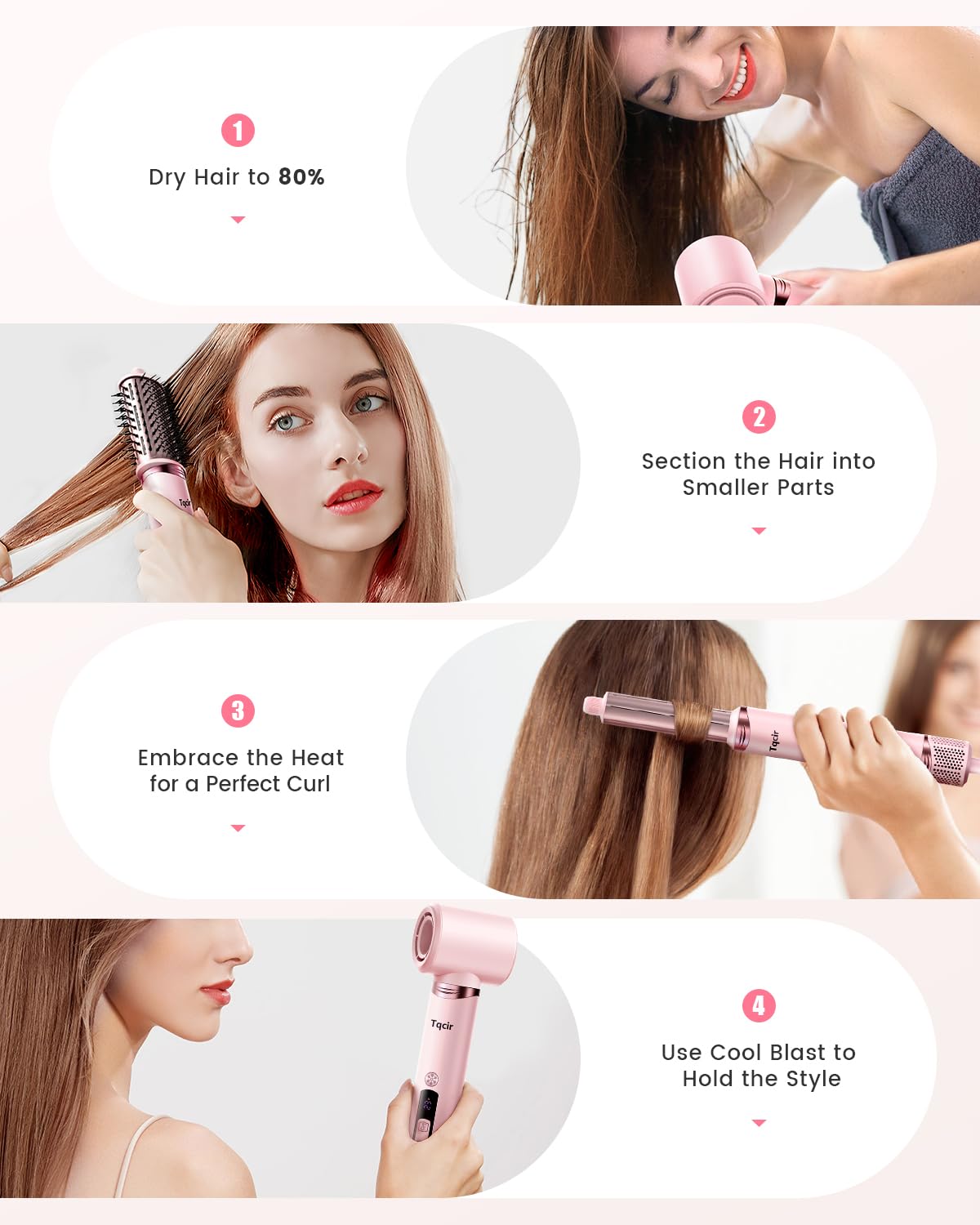 Tqcir 8-in-1 Professional Hot Air Styler - Powerful Multi-Styler with Auto-Wrap Curler | Pink