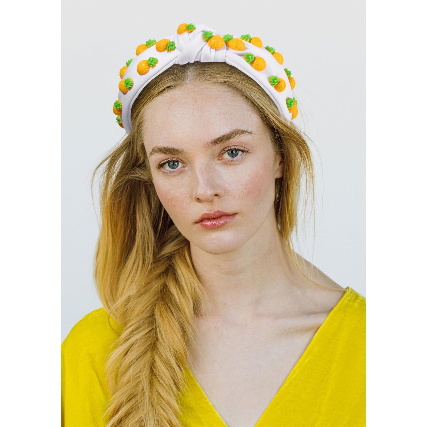 VOGUEKNOCK Fruit Headbands for Women Girls Tropical Pineapple Knotted Headband Summer Beach Headwear Hair Accessories(Pineapple-White)