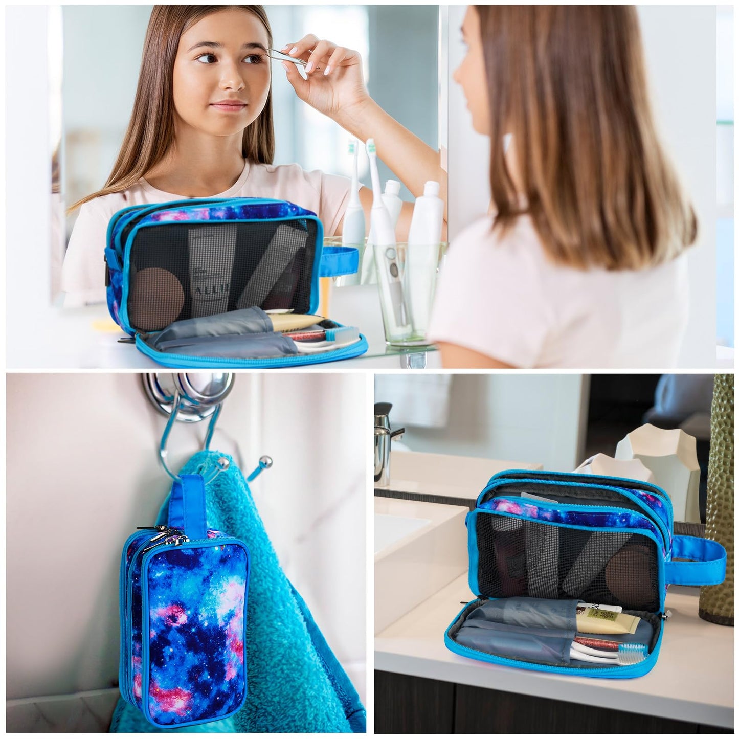 Vipdeal Galaxy Toiletry Bag for Girls, Travel Toiletry Bag for Teen Girls Cosmetic Bag Makeup Bag Waterproof Hanging Wash Bag Toiletries, Blue