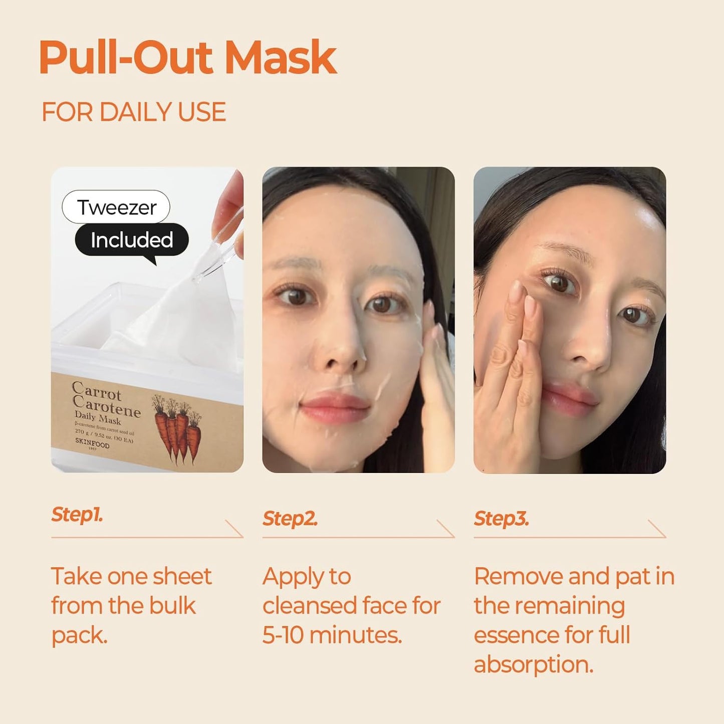 SKINFOOD Carrot Carotene Daily Sheet Mask - Quick Hydrating & Soothing Face Mask for Dry Skin | Bulk Pack of 30