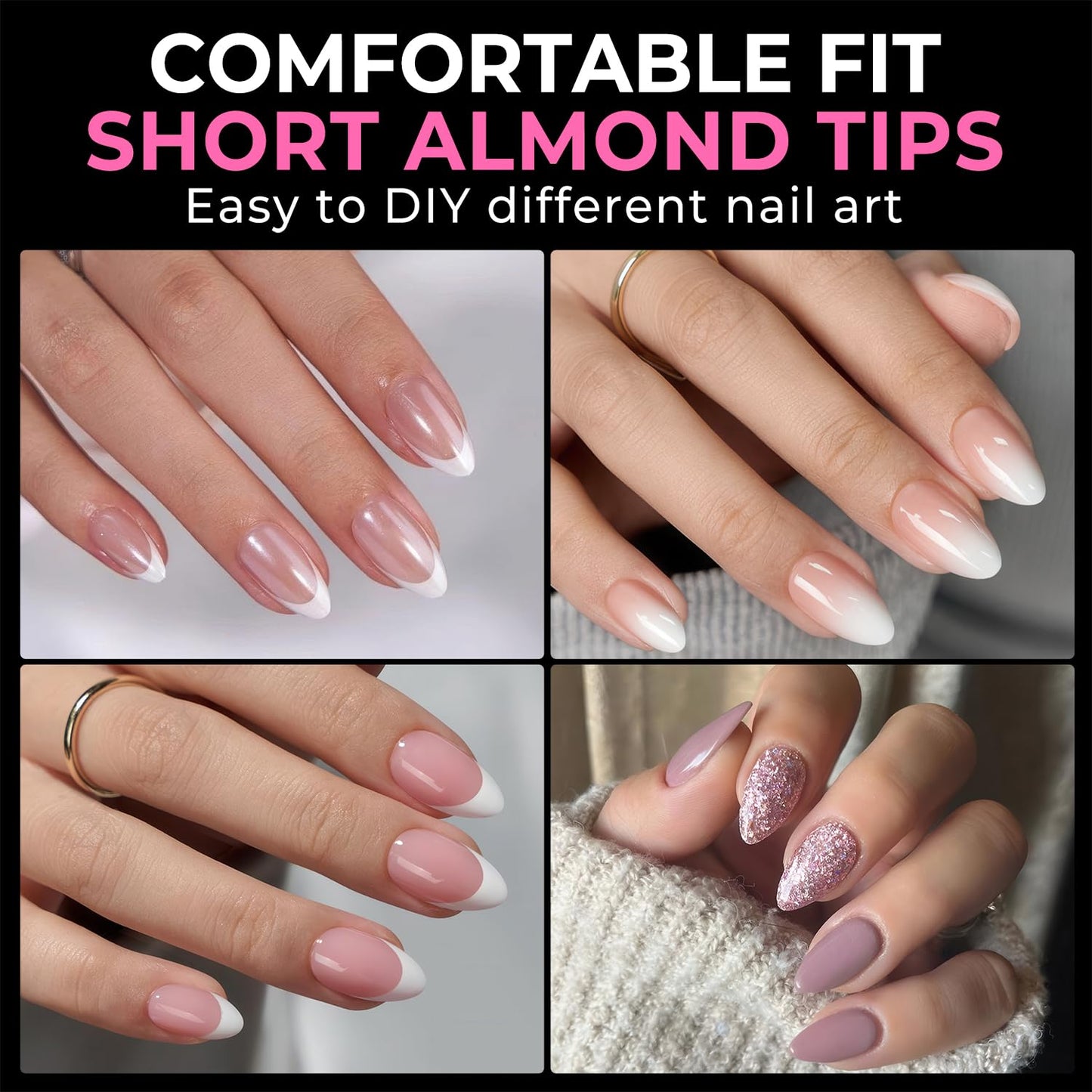 UNA GELLA Short Almond Fake Nails - 216pcs Pre-Shaped Gel Acrylic Tips for Full Cover Extensions | 12 Sizes