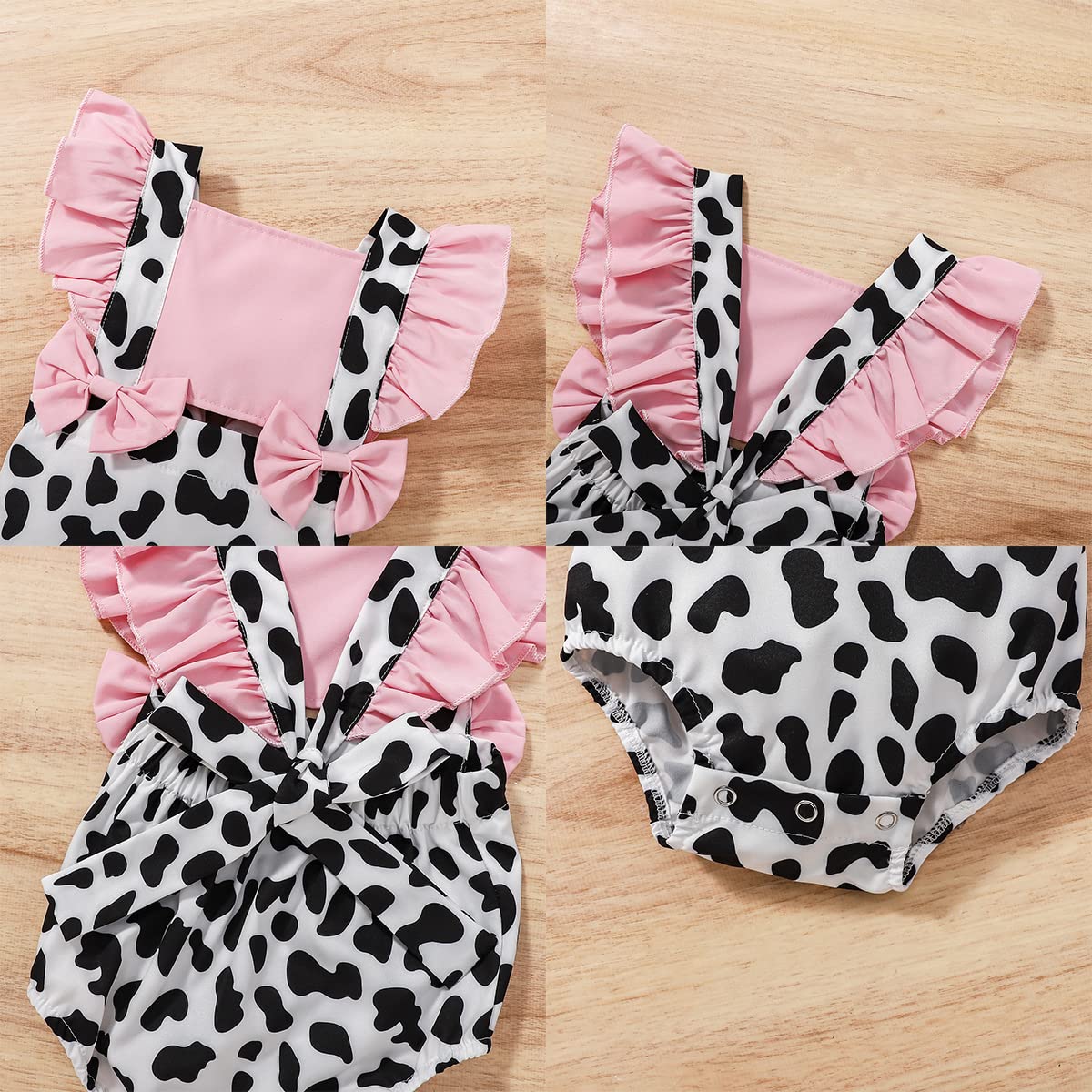 IBAKOM Baby Girl Romper Toddler Smash Cake Outfit Backless First Birthday Outfits Bubble Bodysuit One Piece Cow Summer Clothes Christening Baptism Halloween Christmas Onesie Pink - Ruffle 3-6 Months