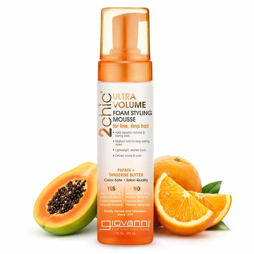 GIOVANNI 2Chic Ultra Volume Mousse for Fine & Thin Hair - Volumizing Hair Foam for Women & Men, Foaming Texture for Defining & Enhancing - Papaya & Tangerine, 7 fl oz (Pack of 1)
