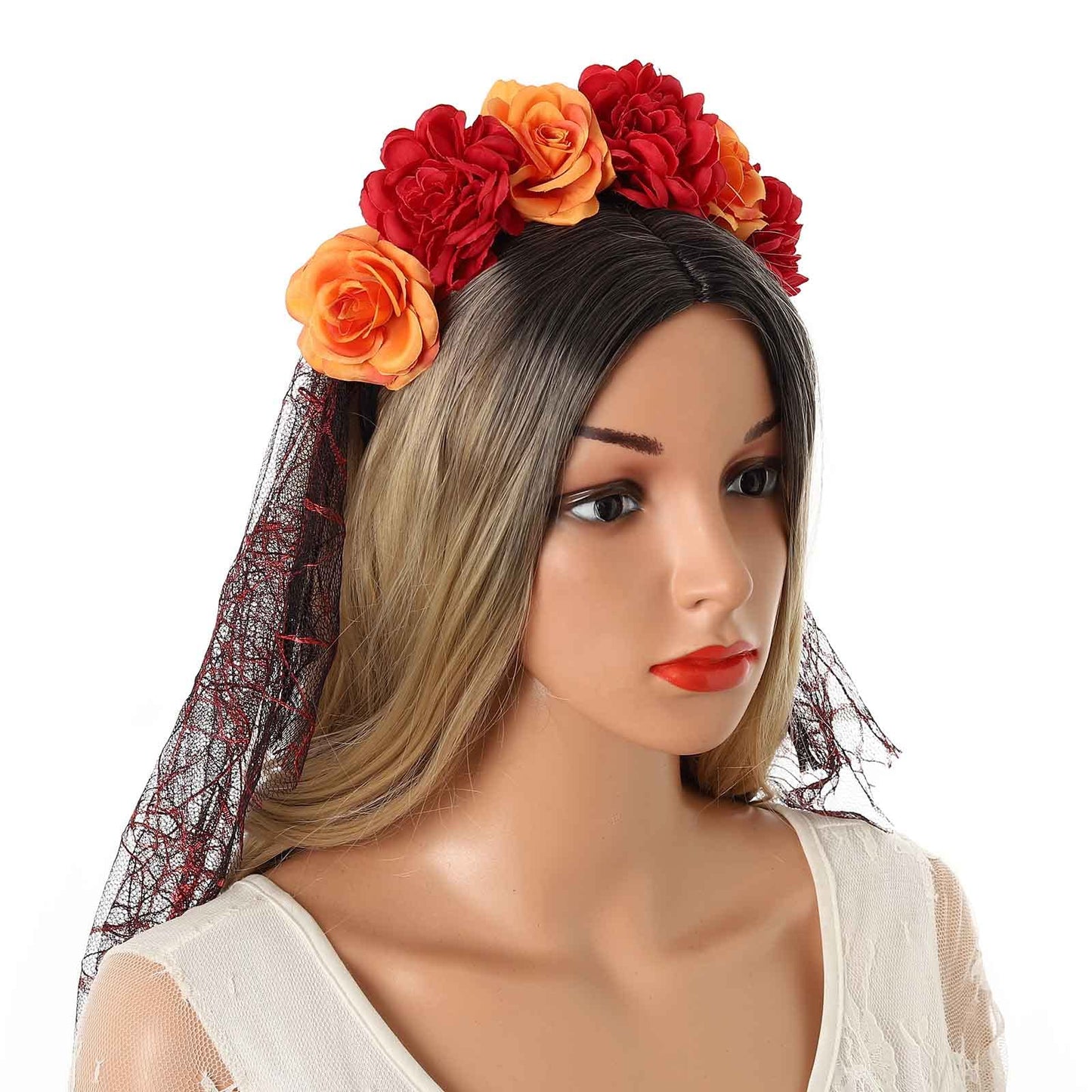 Acenail Floral Headband Veil Women Flower Crown Skull Head Piece Rose Flower Spider Mexican Headband Day of the Dead Head Band Cosplay Halloween Headpieces (Orange)