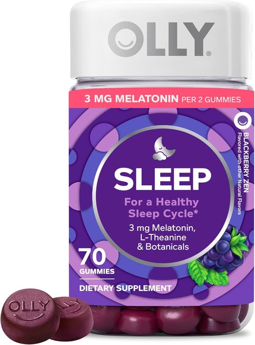 OLLY Sleep Gummy - Sleep Support Supplement with 3 mg Melatonin & L-Theanine | Blackberry Zen Flavor, 70 Count