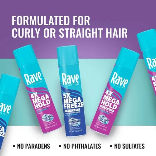 Rave 4X Mega Unscented Hairspray - 24-Hour Hold for High Humidity - Vitamin-Enhanced Volume Spray - 2 Pack