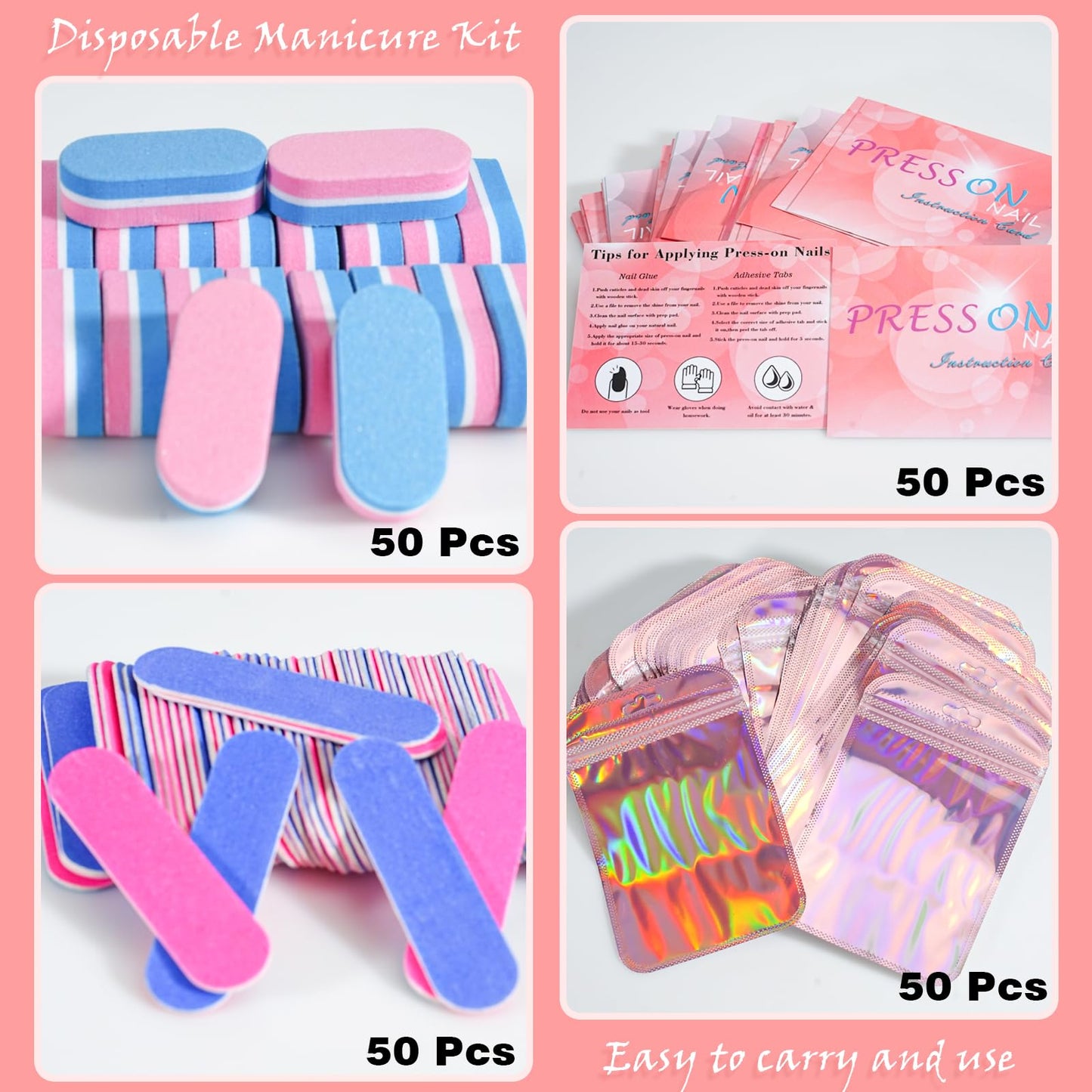 50 Set Disposable Nail Supplies Kits,Professional Manicure Press On Nail Tool Kit With Nail File ,Nail Buffer,Adhesive Tabs,Nail Glue,Sticks, Prep Pads,Bags,Cards for Nail Business(Mixed Color)