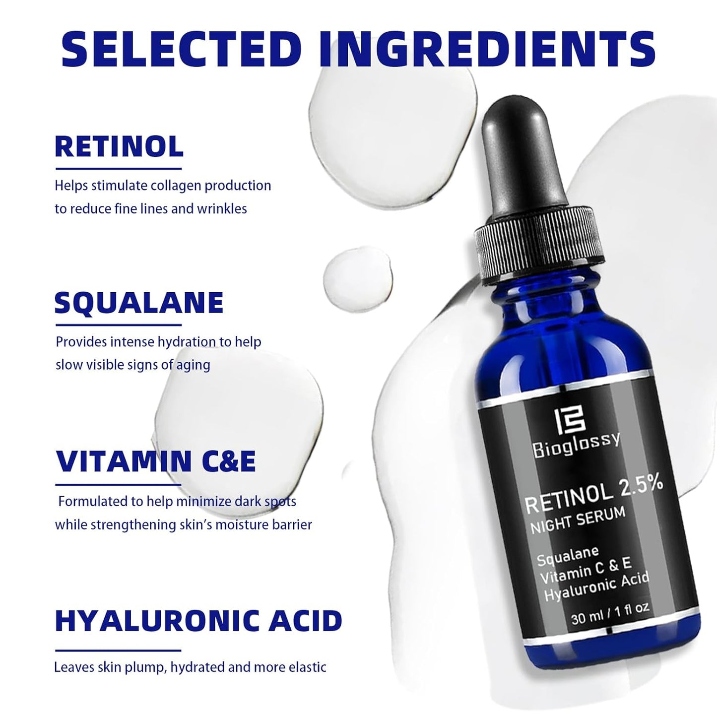 Skiennix Retinol Serum - 2.5% Intense Night Formula with Squalane, Vitamin C & E, 30 ml for Youthful Skin