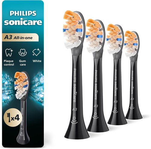 Philips Sonicare A3 All-in-One Electric Toothbrush Heads - Genuine Replacement, Black, 4 Pack