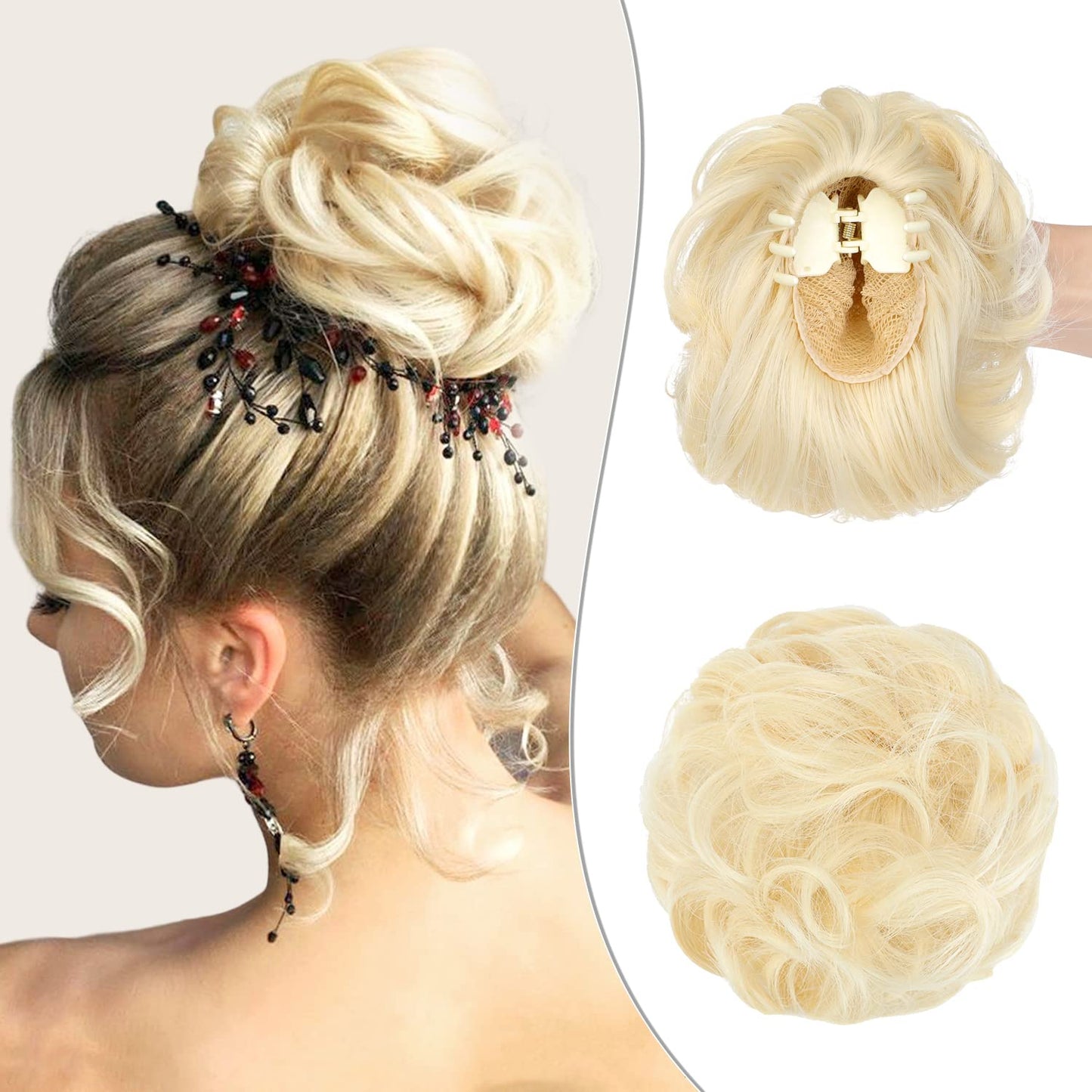 Wodelanle Claw Clip Messy Bun Hair Piece Wavy Hair Bun Curly Messy Bun Hair Piece Synthetic Tousled Updo Hair Extensions Ponytail Scrunchies Hairpieces for Women,Bleach Blonde