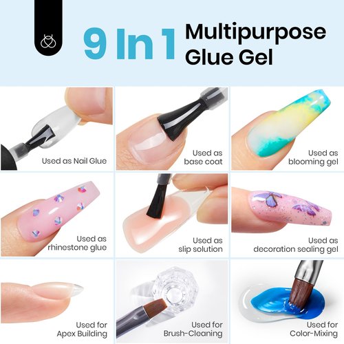 Beetles 9 in 1 Gel Nail Glue for Acrylic Nails Tips, 2 Pcs 10ml Super Strong Nail Glue for Clear False Nails Tips Base Coat Rhinestones Blooming Art Spring Nails Long Lasting U V Light Cure