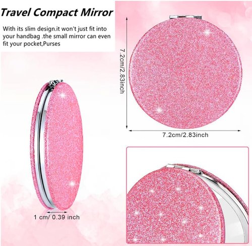 mpowtech Cute Pink Compact Mirror for Women,Small Magnifying Travel Mirror with Glitter,Portable 2 x 1x Magnification Folding Pocket Makeup Mirror Cosmetic Mirror for Gift Travel Essentials