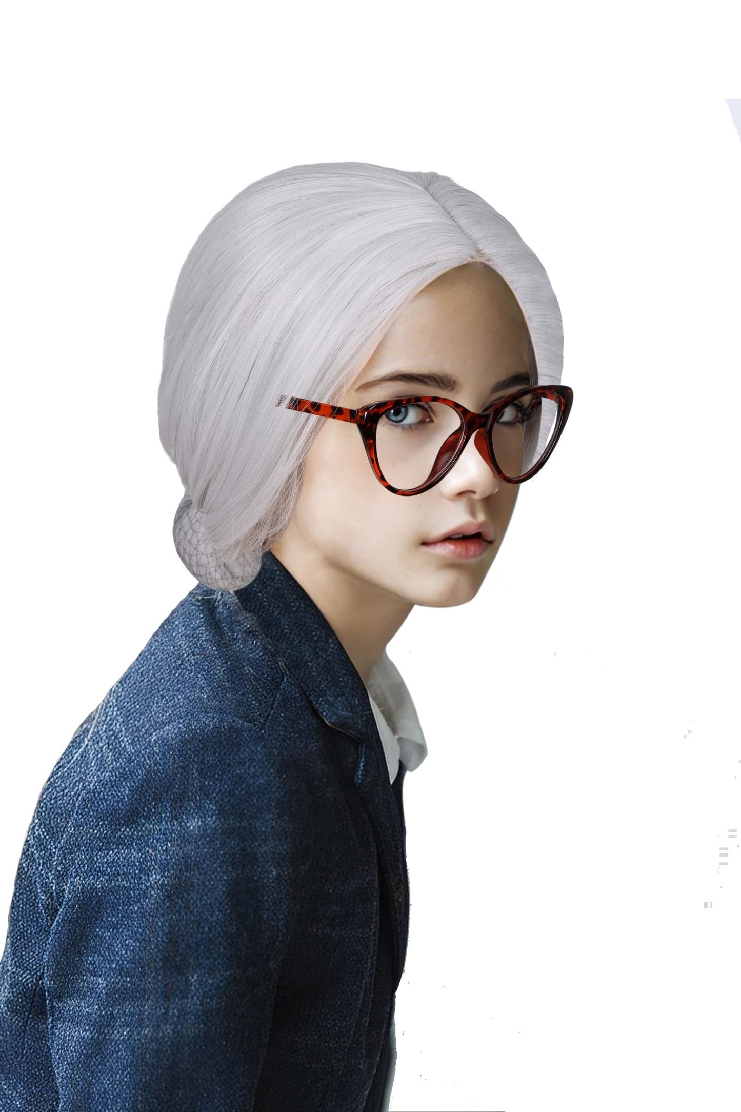 White Old Lady Costume Wig with Bun with Granny Glasses and Pearl Necklace for Halloween Party for Girl Kid