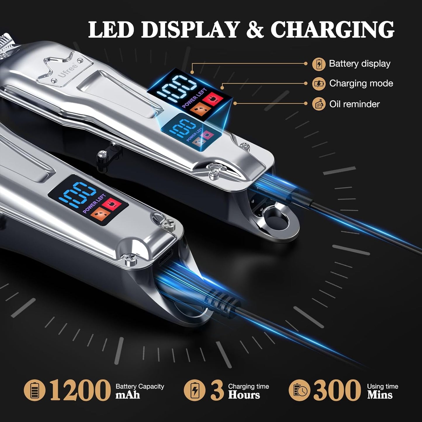 Ufree Hair Clippers for Men - Professional Cordless Barber Trimmer Set with LED Display | Silver Hair Cutting Kit
