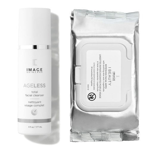 IMAGE Skincare Double Cleanse Power Duo - 30ct Refreshing Facial Cleansing Wipes & AGELESS Face Wash