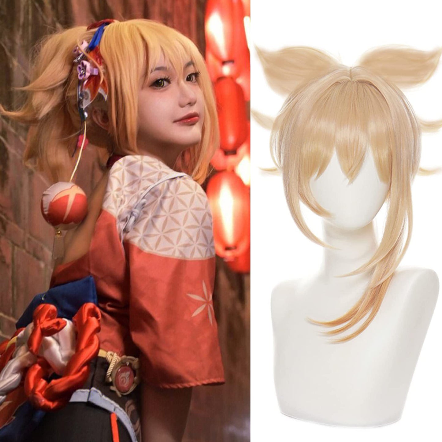 Anime Cosplay Wig Genshin Impact Yoimiya Short yellow hair Wig with Free Wig Cap for Comic Con, Cosplay show, Halloween