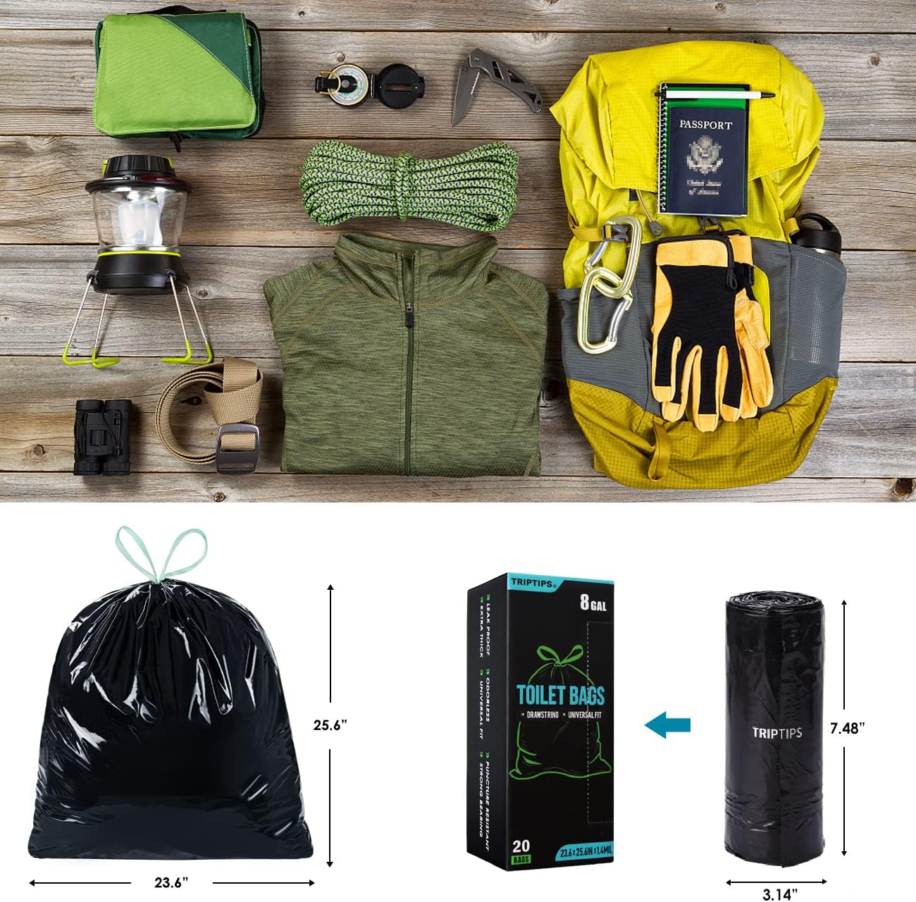 TRIPTIPS Portable Toilet Bags - Leak-Proof 8 Gallon Waste Bags for Camping, Hiking & Travel