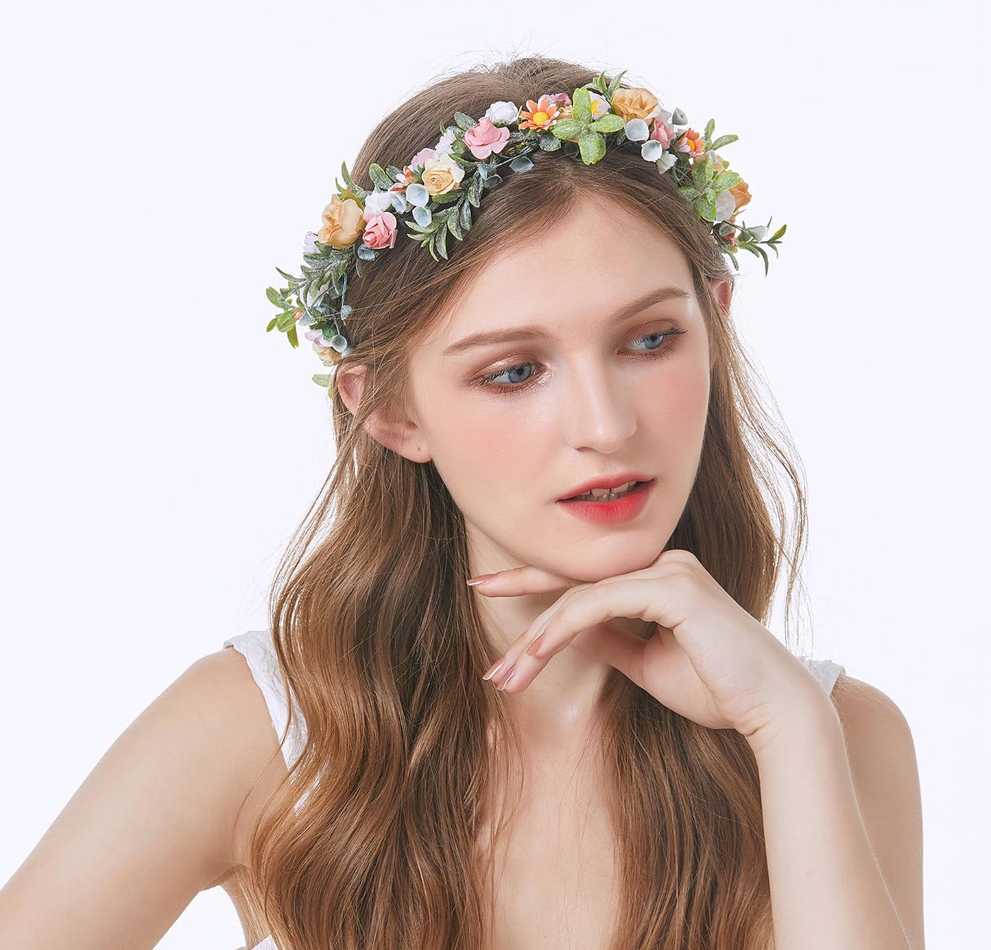 LLinfflr Fairy Flower Crown Woodland Headband Elf Floral Headpiece Hair Wreath Elven Circlet for Women Girls Bridal Wedding Prom Halloween Cosplay Photo Props