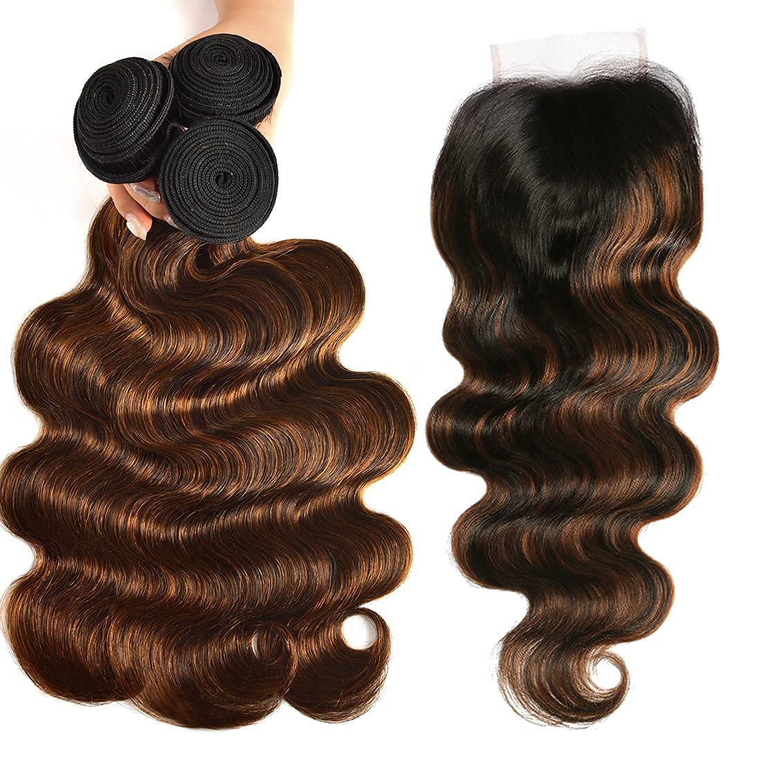 UNICE Brown Highlight Body Wave Human Hair 3 Bundles with 4x4 lace closure, Brazilian Remy Hair Ombre Human Hair Wavy Weaves FB30 Color 14 14 14+14 Closure