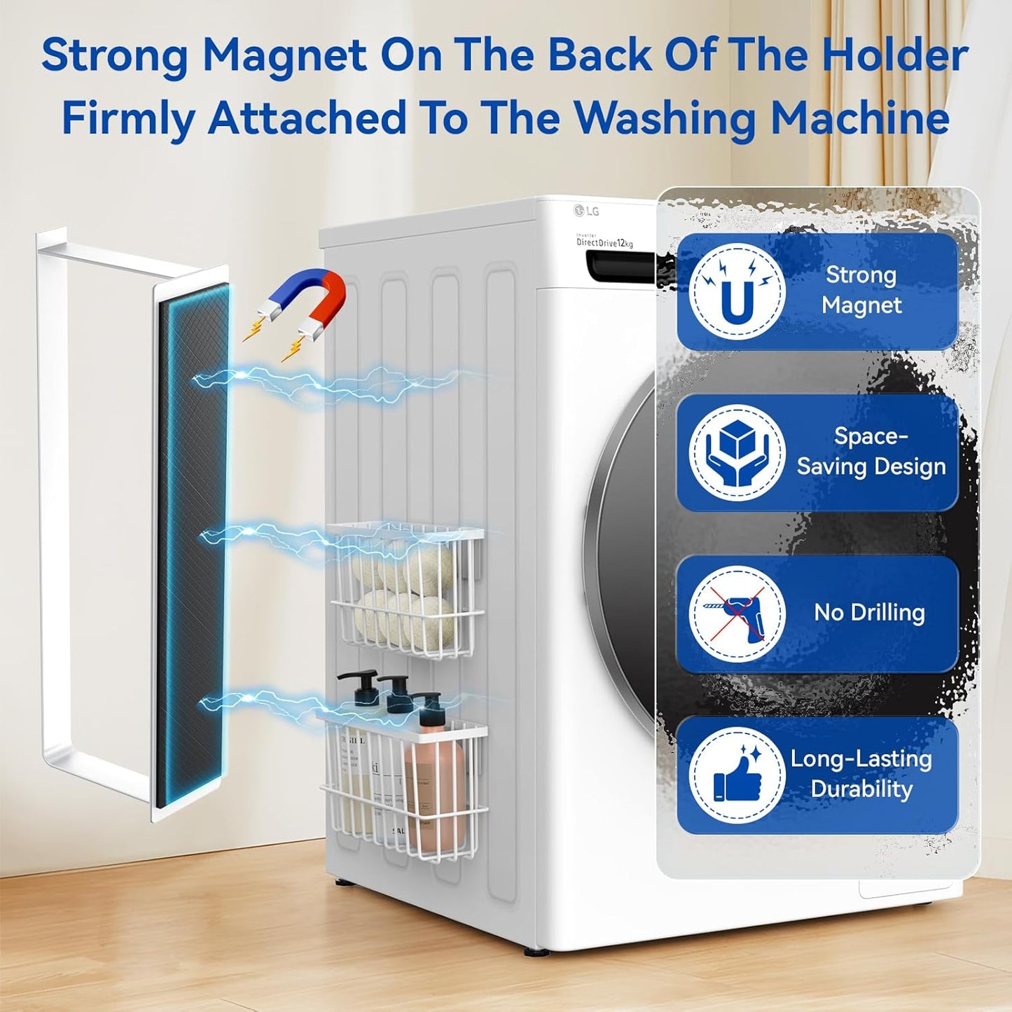Skiennix Magnetic Dryer Ball Holder - Laundry Room Organizer with Lint Bin & Hanger | White
