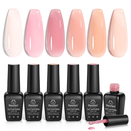Beetles Jelly Gel Nail Polish Set, 6 Colors Milky White Sheer Pink Nude Gel Nail Kit Transparent Effect Spring Summer Gel Soak Off UV Ballet Dress DIY Manicure French Nail Art Gifts for Women