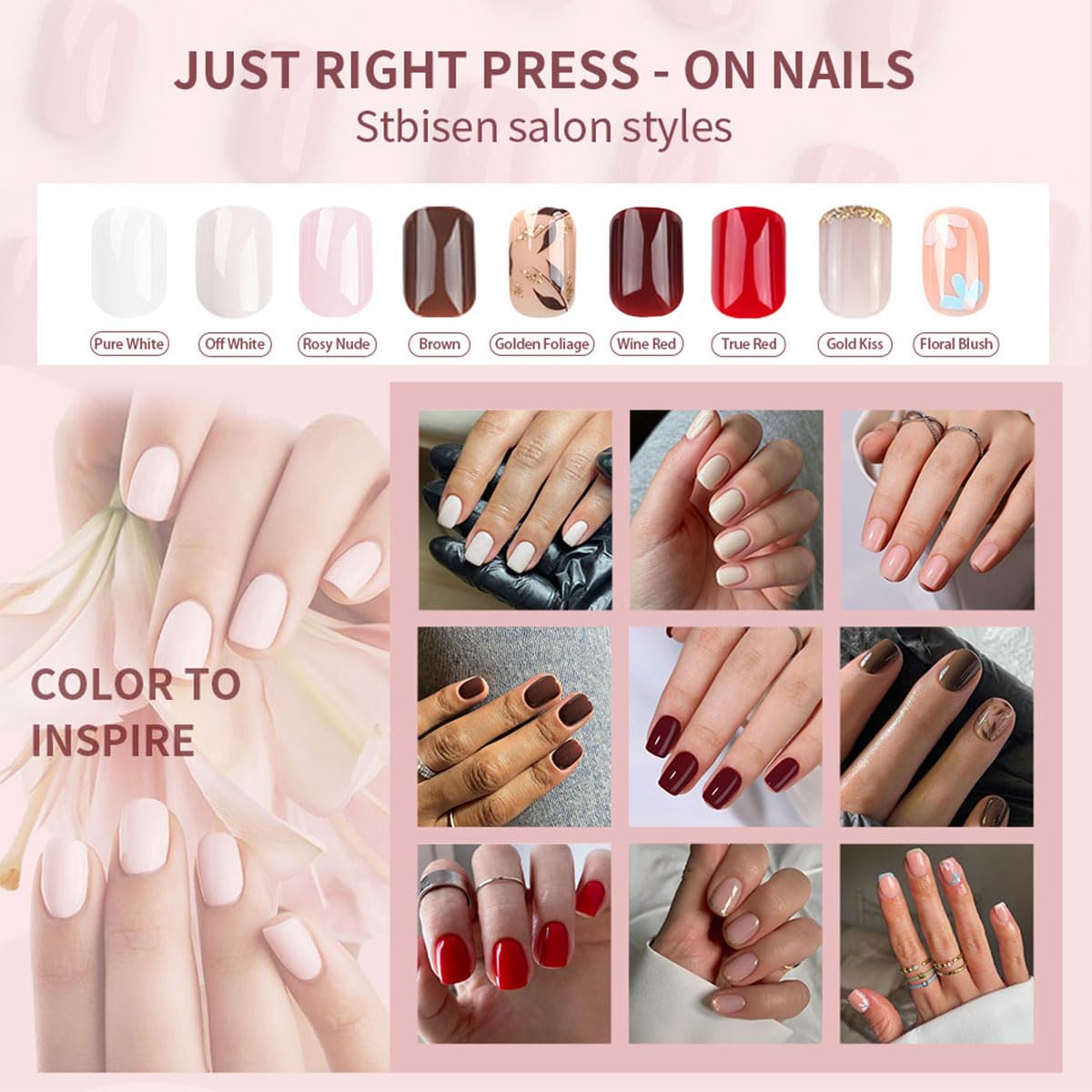 Skiennix Dark Brown Press-On Nails - Short Square Soft Gel with Gold Leaf & Glitter Accents | 30PCS Reusable Kit