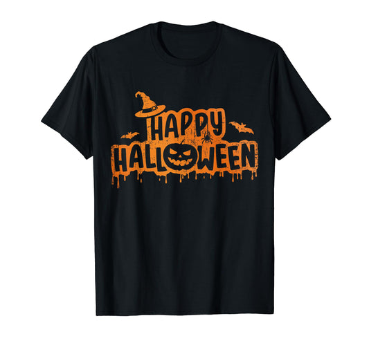 Scary happy halloween with witch hat pumpkin face and bats T-Shirt