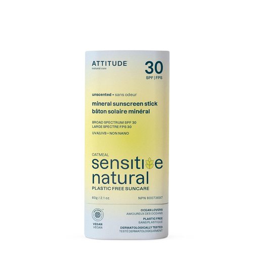 ATTITUDE Mineral Sunscreen Stick - SPF 30 for Sensitive Skin | EWG Verified, Plastic-Free, 2.1 Oz