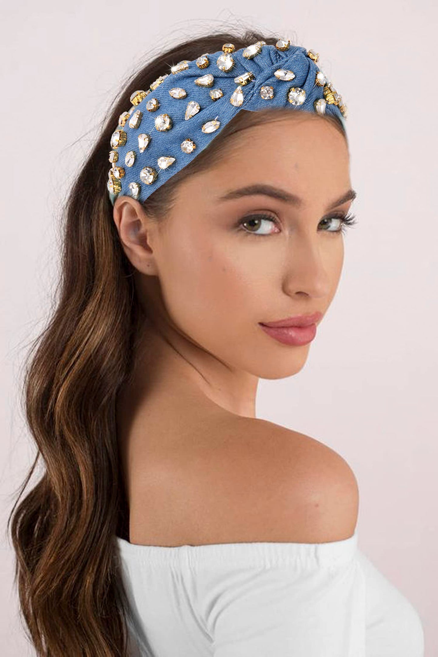 Crystal Velvet Headband Cross Knotted Turban Headdress Colorful rhinestone Statement Wide Hair Band Hoop Accessories For Women Girls (Blue)