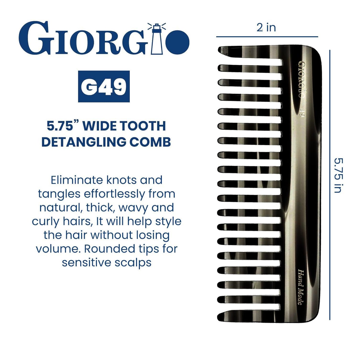 Giorgio G49 Yellow Tokio, Large Hair Detangling Comb, Wide Teeth for Thick Curly Wavy Hair, Detangler Comb For Wet and Dry, Handmade of Quality Cellulose, Saw-Cut, Hand Polished