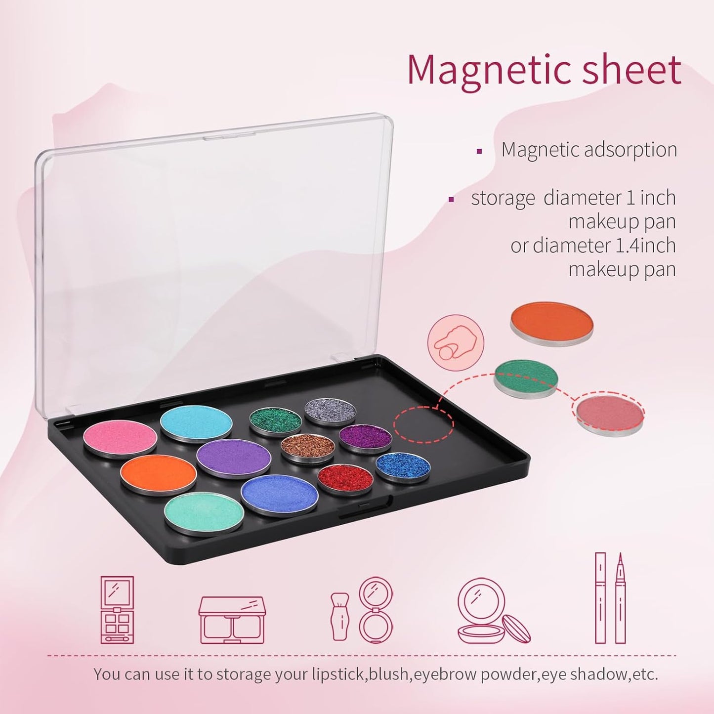 Skiennix Magnetic Makeup Palette - Empty Clear Top for DIY Cosmetics | 3-Pack with 60 Adhesive Stickers - 7.87” x 5.51”