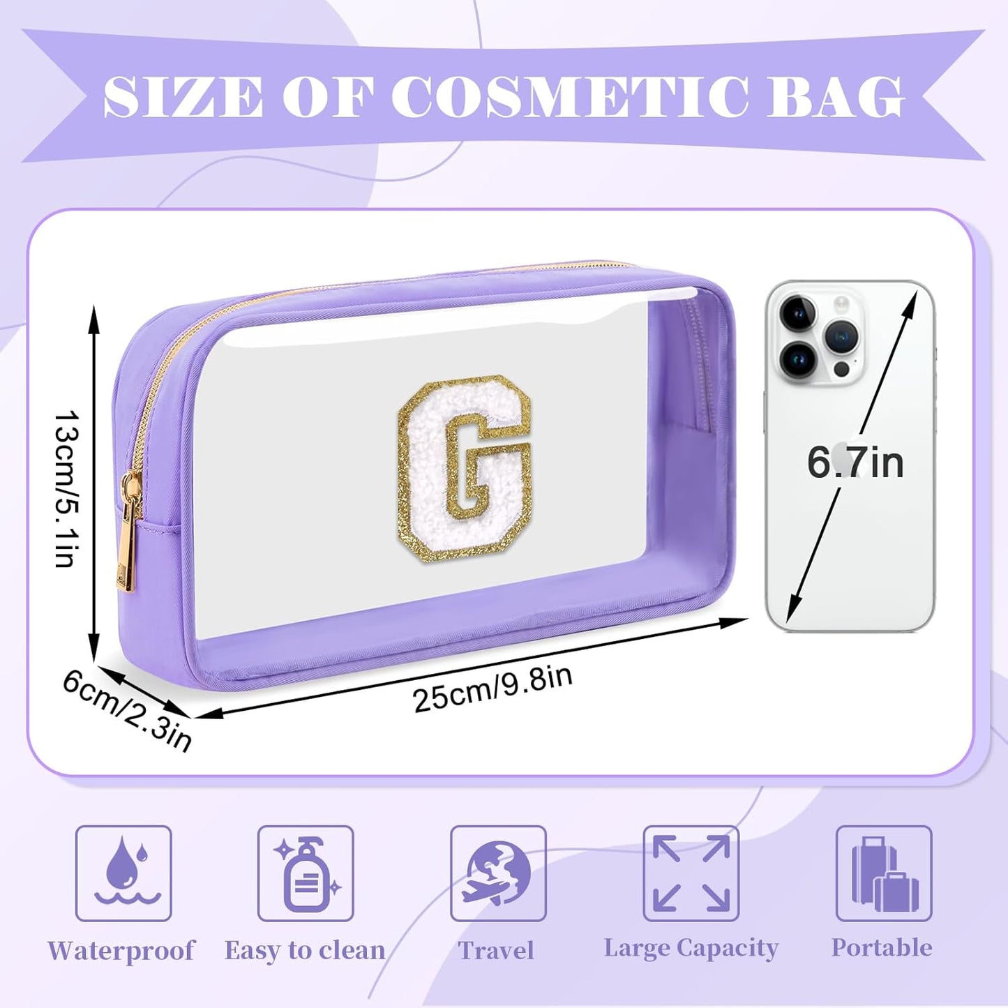 UIXIZQ Personalized Initial Letter Clear Makeup Bag - Preppy Nylon & PVC Cosmetic Zipper Bag | Travel Toiletry Organizer for Teen Girls & Women, Monogrammed Gift
