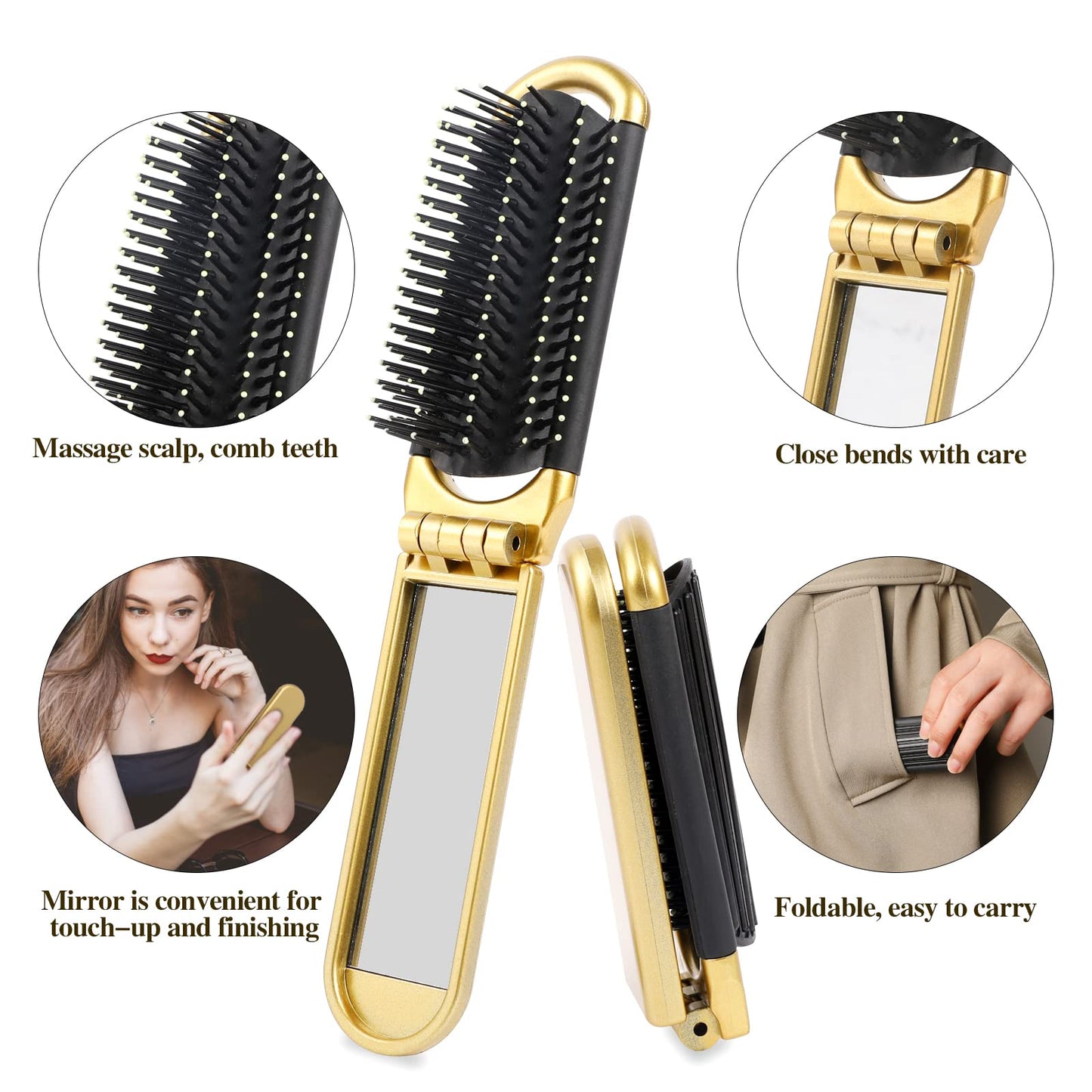 Sliverdew Travel Hair Brush, 2 Pcs Folding Hair Brush with Mini Mirror, Compact Hair Brushes Hair Styling Tools for Gym, Trip, Purse, Swimming, Silver & Gold