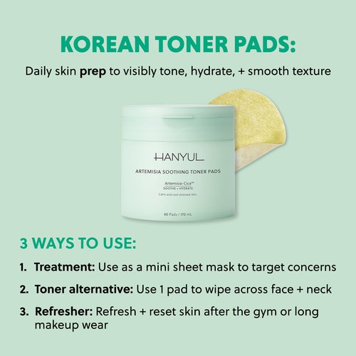 HANYUL Artemisia Soothing Toner Pads with Centella Asiatica and Hyaluronic Acid | Hydrating & Calming Pre-Makeup Facial Pads for Sensitized Skin, Dual-Layer Design, 60 Count