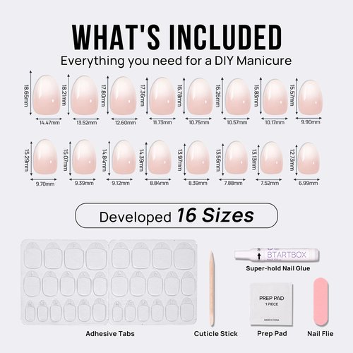 BTArtbox Press On Nails Almond - Extra Short Press On Nails, Nude White Ombre Soft Gel Nails, Natural Reusable Stick On Nails in 16 Sizes - 32 Fake Nails Kit