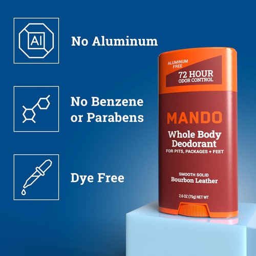Mando Whole Body Deodorant For Men - Smooth Solid Stick | 72-Hour Odor Control, Aluminum Free - Bourbon Leather, 2.6 Ounce (Pack of 2)